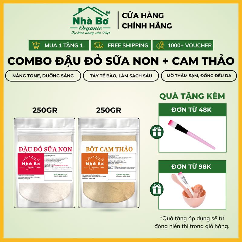 Combo 2 gói (500g/1Kg) Bột Đậu Đỏ Sữa Non + Bột Cam Thảo | Nhà Bơ Organic - Dưỡng Trắng và Tẩy Tế Bào Da Mặt và Body