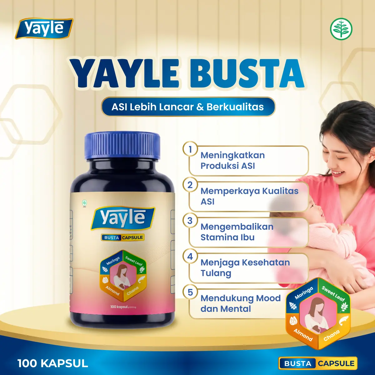 Yayle Busta ASI Booster 100 Kapsul - 1 pcs -  Suplemen Herbal untuk Ibu Busui Meningkatkan Produksi & Kualitas ASI dengan 4 Bahan Aktif untuk Perawatan Ibu Menyusui - Wanita
