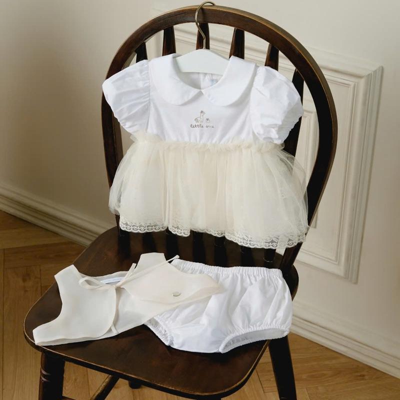 [KOL Nous Baby] Bộ cộc áo xòe màu trắng phối voan be kèm áo khoác cho bé gái cho bé đến 9-12 tháng (3-10kg) BST T6