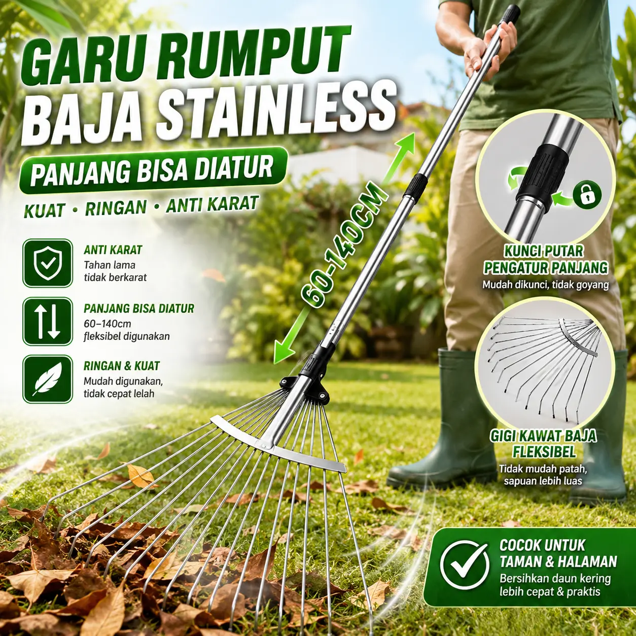 Rak Taman Baja Teleskopis Lipat - Rapikan Daun Kering & Rumput di Taman/Kebunmu
