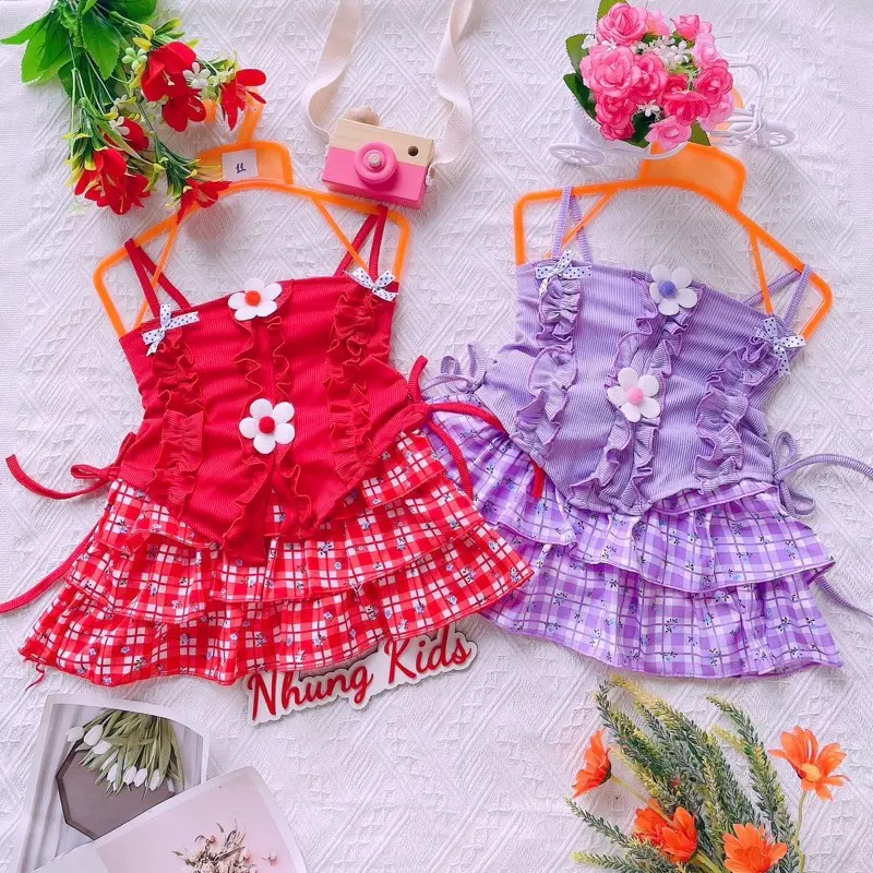 (8-13kg)Set váy áo dây tăm lạnh có hoa ,váy tầng kèm lót lụa cho bé gái dưới 3 tuổi