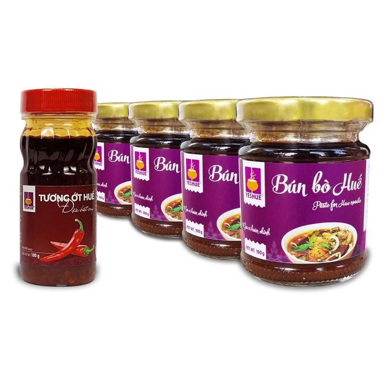Combo 4 gia vị Bún bò Huế 150g - Tặng Tương ớt Huế 100g - Gia vị dạng cô đặc, siêu tiện lợi cho căn bếp