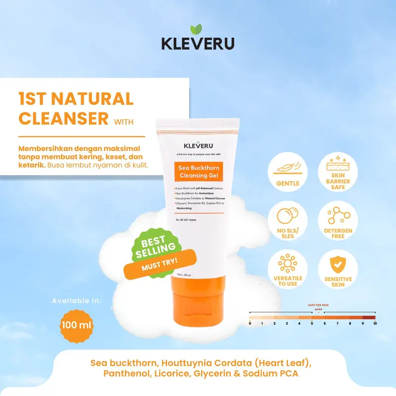 KLEVERU Sea Buckthorn Cleansing Gel Pembersih Wajah Low pH Hydrating Best Seller Membersihkan Muka Cleanser 0