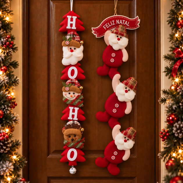 Enfeite de Natal Pendente Papai Noel para Porta e Parede com Guizo - Decoração Natalina 55cm Poliéster para Árvore de Natal, Sala, Vitrine e Loja - Enfeite Natalino Premium para Decorar Casa no Natal