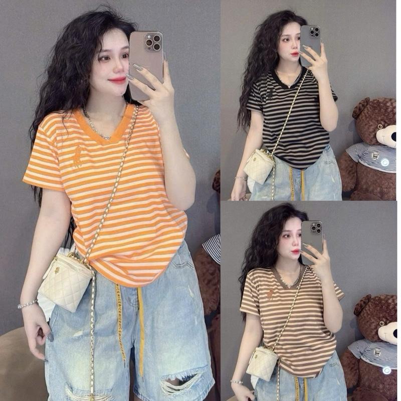[ PHOM 40kg - 62kg ] Áo thun nữ Tay Ngắn cổ Tim Sọc Thêu N.gựa ( Sọc Ngựa cổ Tim B1905)
