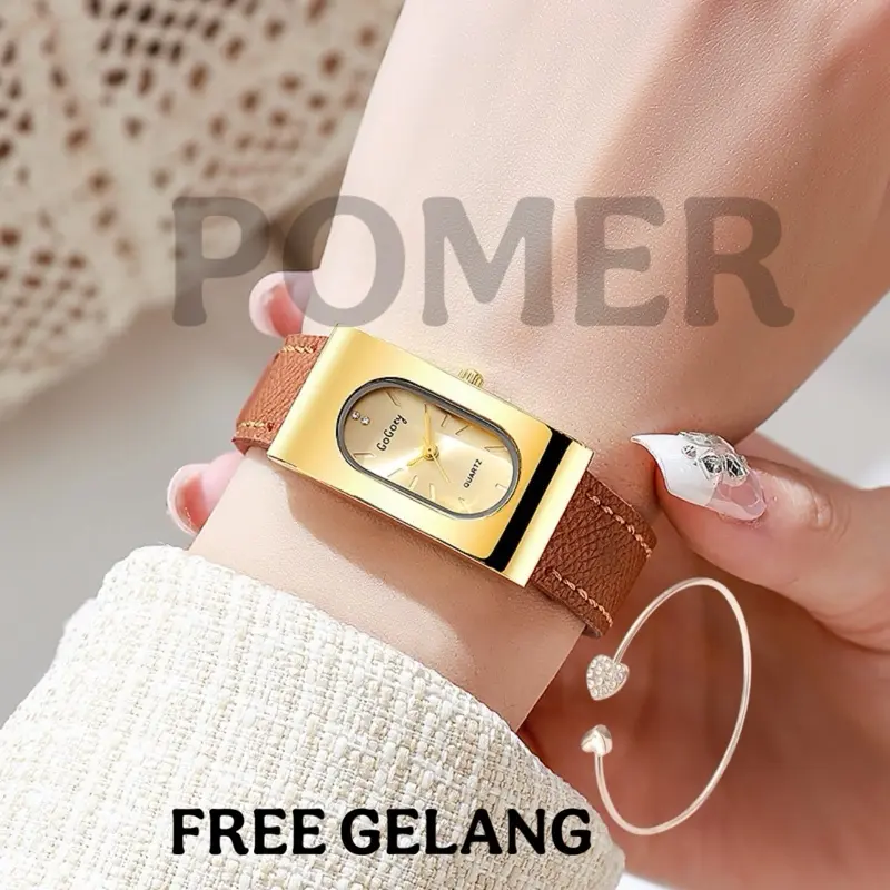 [FREE GELANG] POMER Jam Tangan Wanita Casual High-End  Leather Belt Retro Square Luxury Mewah Jam Korea Aesthetic 0