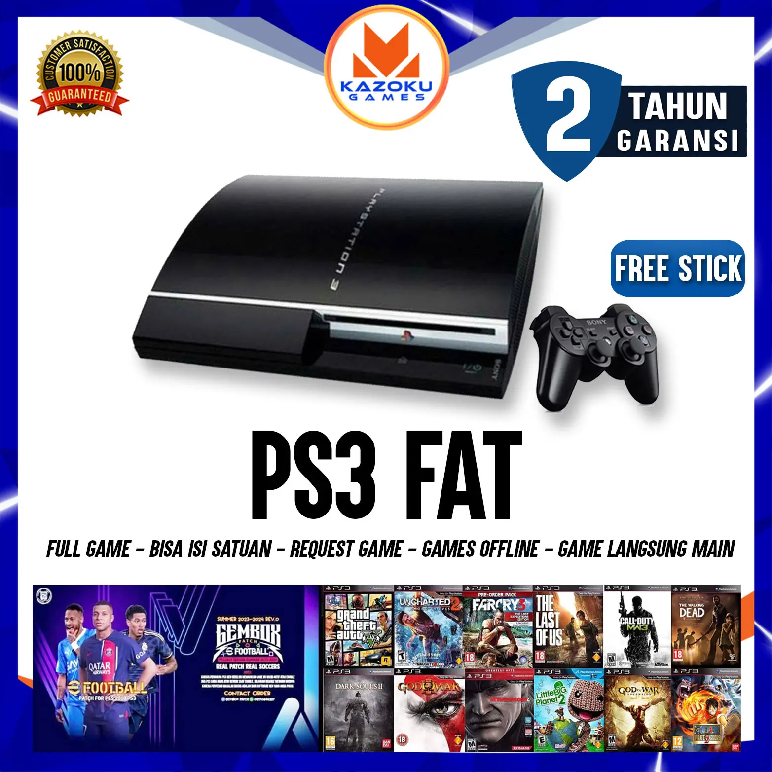 PS3 FAT RANDOM SERI 160 GB- 500 GB Free Full Games Offline + 2 Stick - Garansi 2 tahun