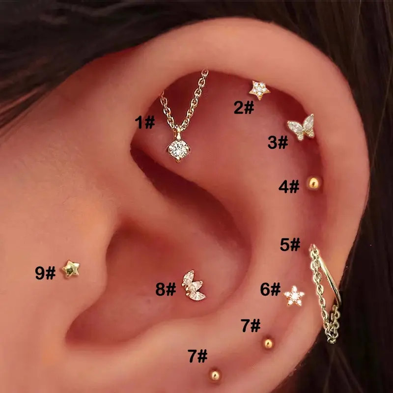 1PC Tragus Piercing Women's Hoop Earrings with Chain Helix Star Butterfly Crown Zircon Ear Rook Daith Sung Body Jewelry Gift