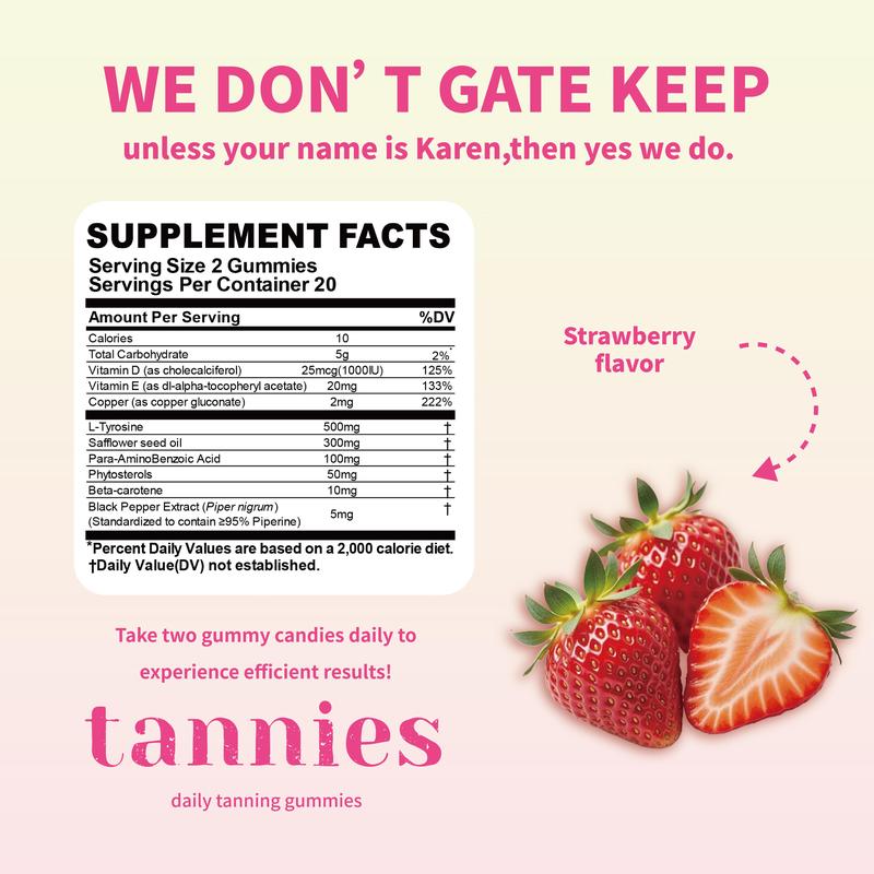Product Introduction of Tanning Gummy, with L-tyrosine, Vitamin D+E, Beta-carotene, & Safflower Seed Oil for Skin Health & Glow, Vegan, Non-GMO, Sour Strawberry Flavor 40 gummies, Accelarate Tanning Process Supplement Dietary Healthcare Fitness Edible Beauty Optimum 9