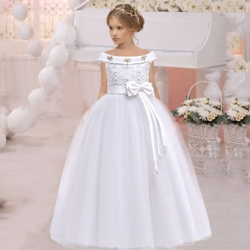 232 Girl Birthday Dress Long Gown Children Costume Princess Dress Prom Host Embroidered Bow Floral Dress White Wedding Bridesmaid Gown 4 14 Years