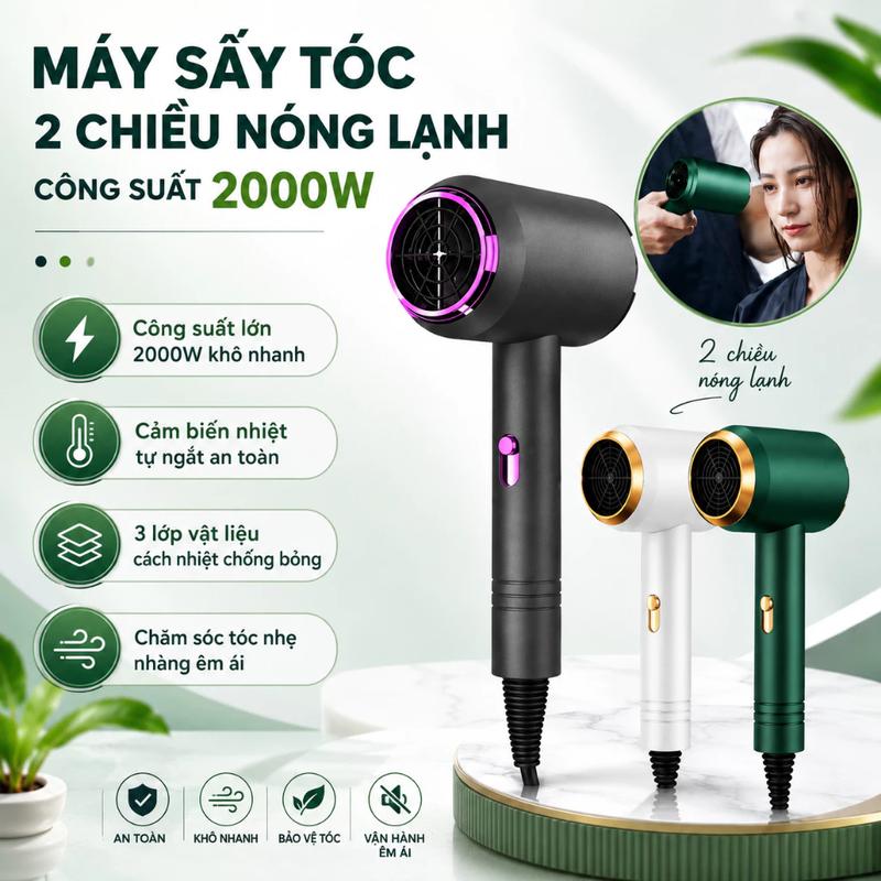 Máy Sấy Tóc Công Suất 2000W, Tạo Kiểu 2 Chiều Nóng Lạnh, Chăm Sóc Tóc Chuẩn Salon, Tặng Kèm Đầu Sấy, Bảo Hành 12 Tháng