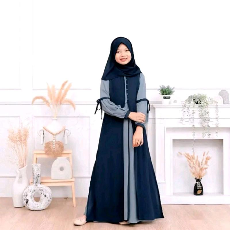 sr gamis Syari + hijab pashmina usia (8-15)tahun Cocok buat Lebaran bahan crinkle Airflow mix ceruty Muslim Dress 1