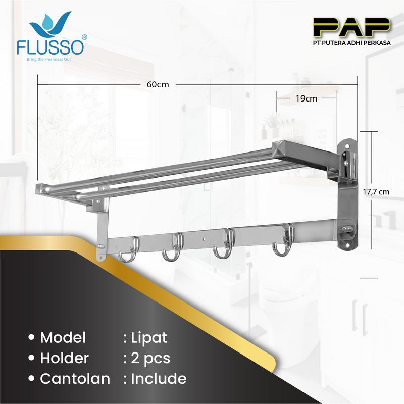 FLUSSO RAK HANDUK LIPAT XC005-Y24 2BR | Tempat Jemur Handuk Lipat 2 Baris | 457725 - RAK HANDUK SILVER 2