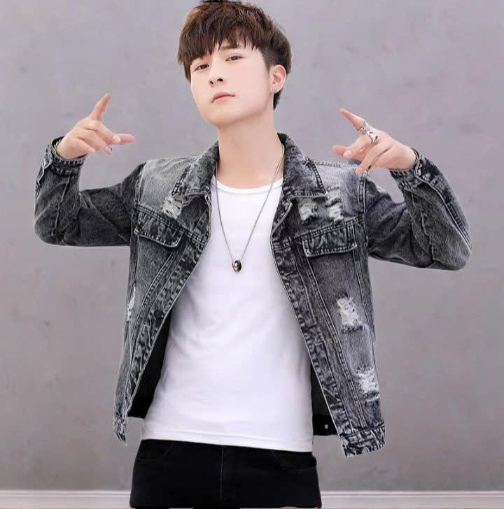 Áo khoác Jean nam màu xám rách chất denim cực đẹp , áo gió nam AK37 Menswear Có Túi Jacket Có Cổ Kem