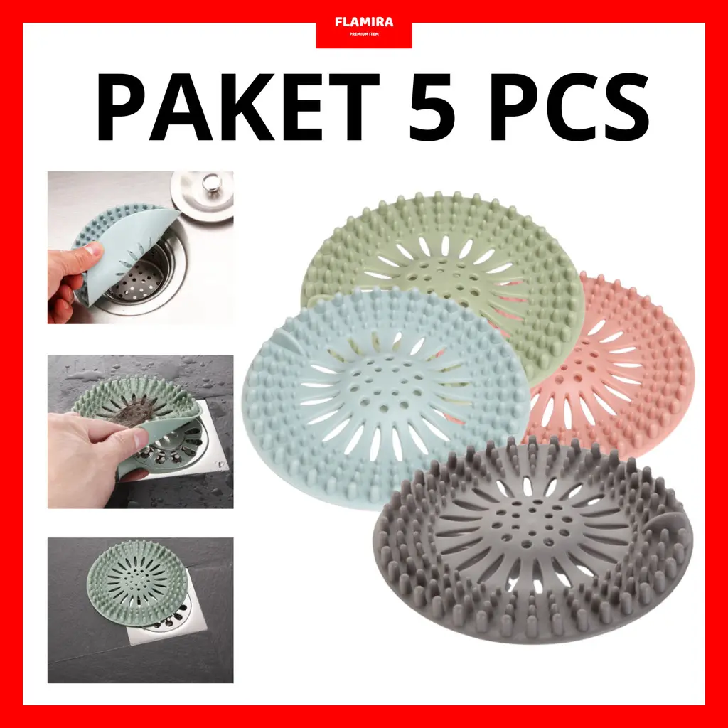 PAKET 5 PCS Saringan Rambut Kamar Mandi dan Wastafel Dapur Penyaring Saluran Air Silikon Anti Sumbat Praktis Fleksibel Mudah Dibersihkan Tahan Lama untuk Menyaring Rambut Sisa Makanan Kotoran dan Menjaga Saluran Air Tetap Lancar