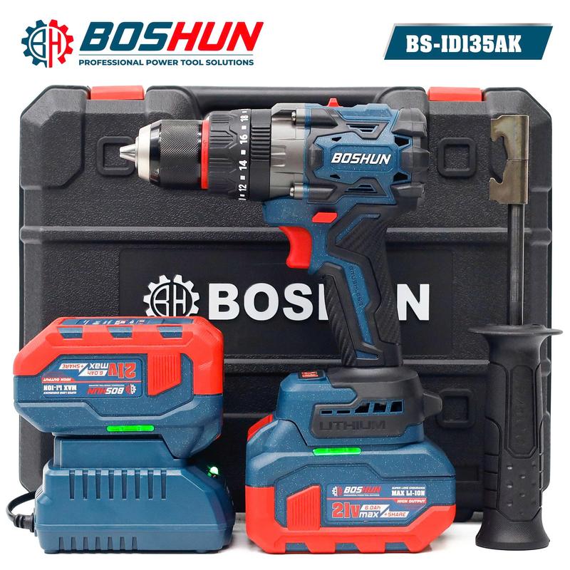 Máy Khoan 3 Chức Năng 135N.m Boshun- BS-ID135AK - Đầu Kẹp 13mm Auto Lock - Chống Lật Cổ Tay - Brushless Motor - Chân Pin Phổ Thông - 2 Pin 15 Cell 21V 6Ah - Có Tay Cầm Trợ Lực - Bảo Hành Chính Hãng 6 Tháng khoan không dây diy