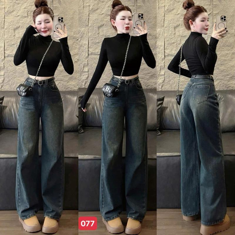  Anh Thư Boutique19 -  S-XL  Quần jeans nữ ống rộng cạp cao thời trang trẻ trung quần baggy jean nữ suông trơn chất denim mềm không co giãn - MS077 