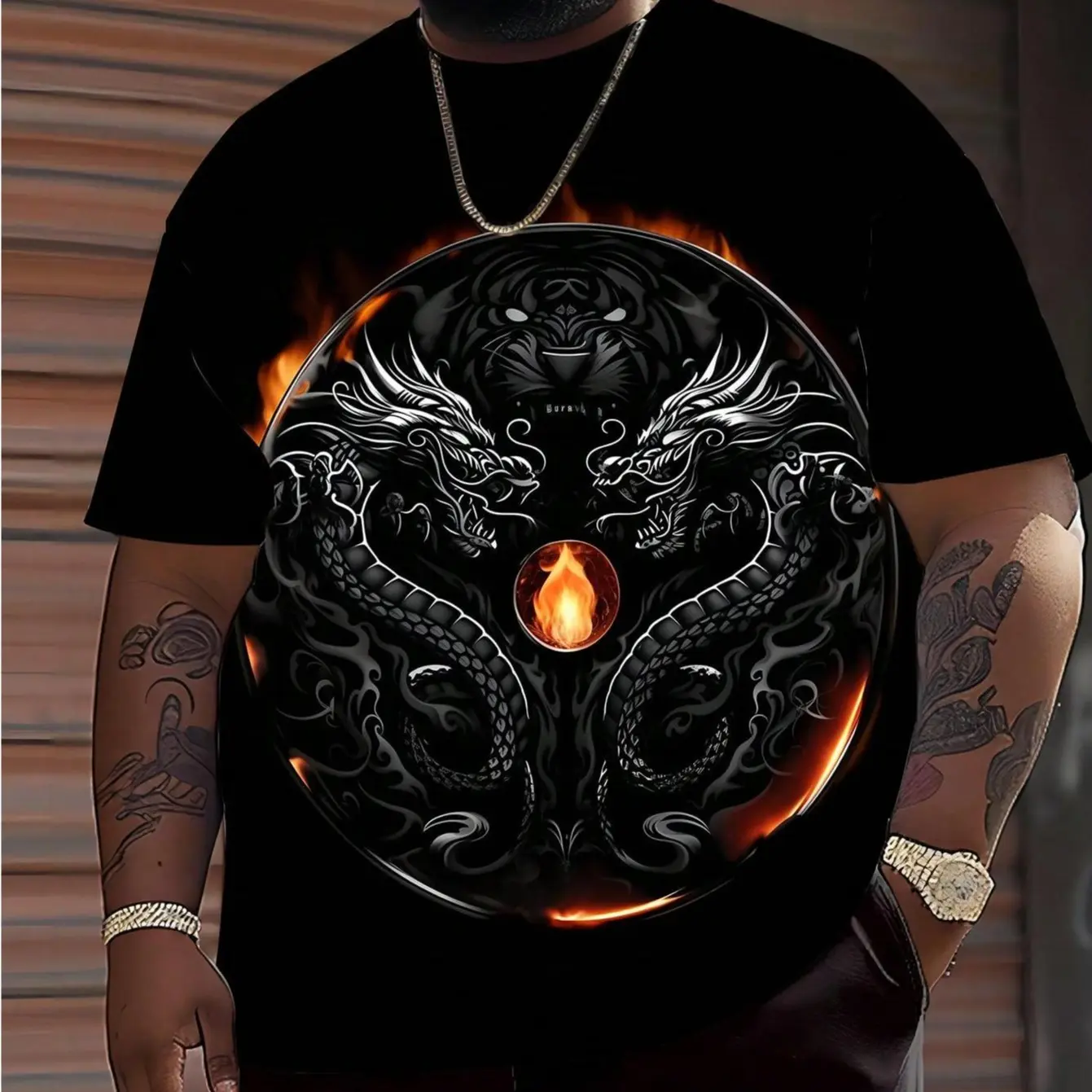 Plus Size Men's Dragon Print Short Sleeve T-Shirt, Summer
