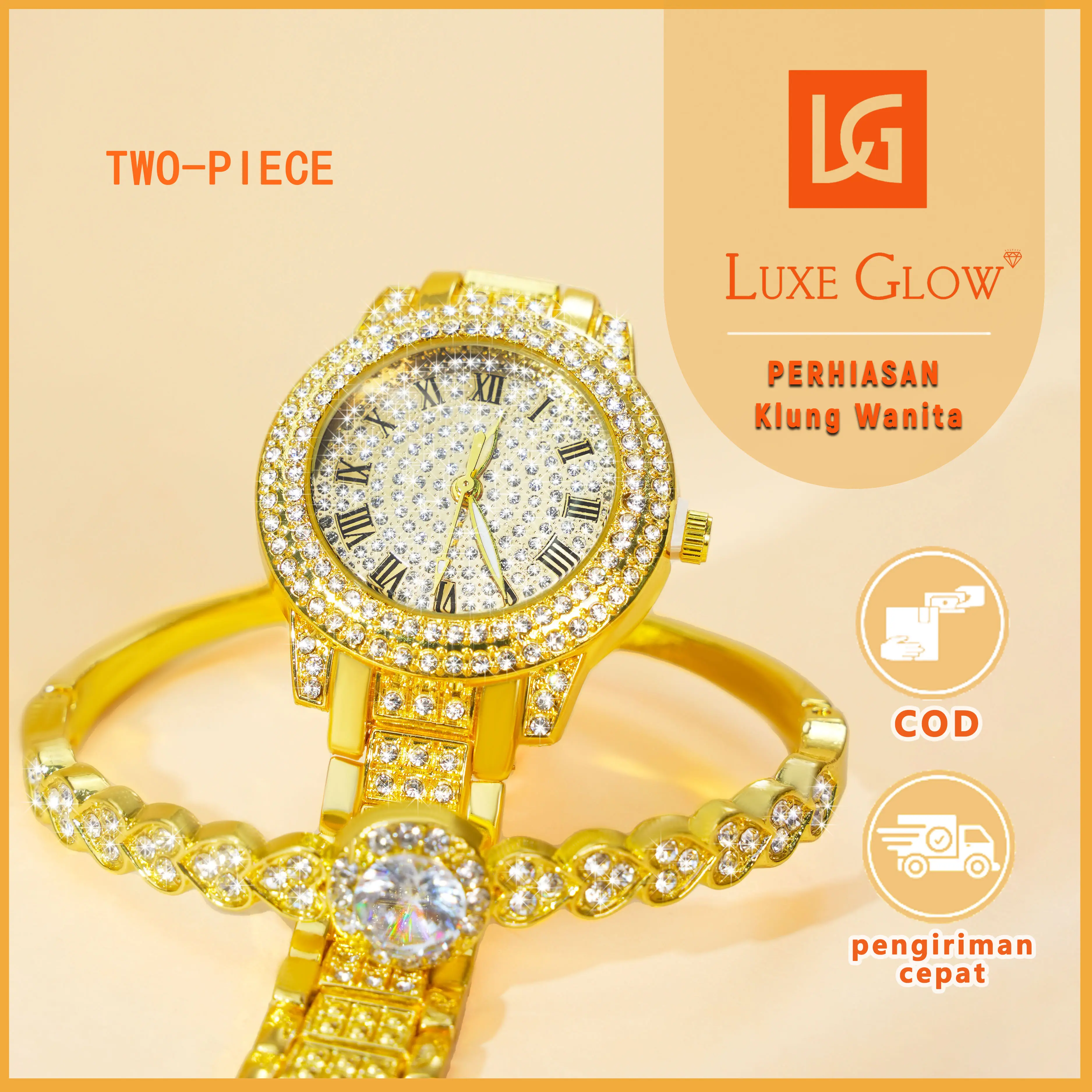 LuxeGlow COD Warna Emas Berkilauan Jam Tangan KoreaElegan Jam Tangan Wanita AnggunOriginal Tali RantaiWanita Set Gelang Jam Tangan Dua Bagian Unisex