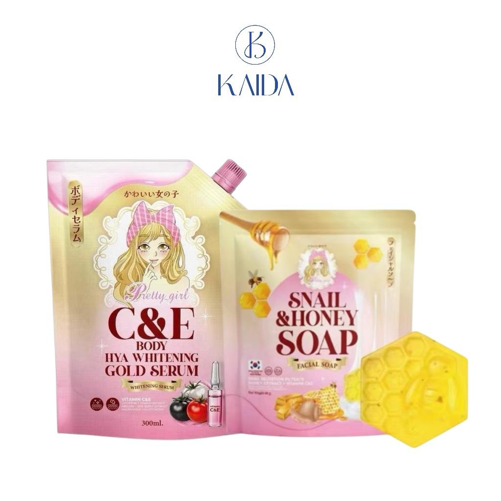 (ตะกร้ารวม) Pretty Girl serum hya C&E พริตตี้เกิร์ลบอดี้เซรั่ม  Pretty Girl snail&huney soap สบู่พริ