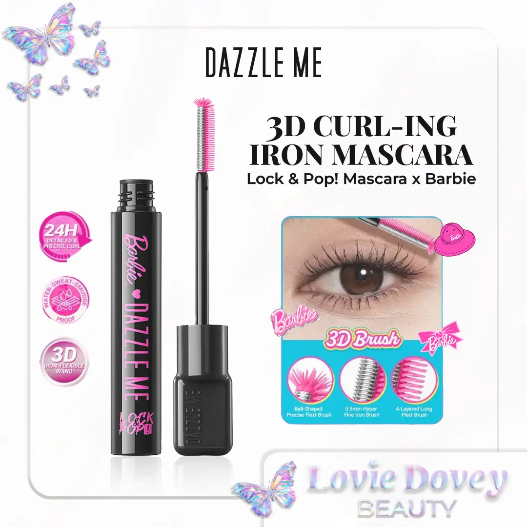 Barbie x DAZZLE ME Lock & Pop! 3D Curl-ing Iron Mascara Tahan Lama 24 Jam Hasil Bulu Mata Terangkat Bervolume Maskara Lasting