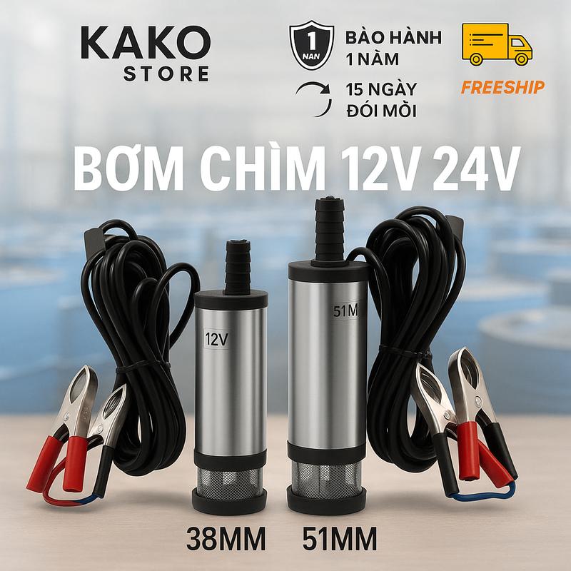 KAKO Máy bơm dầu chìm 12V & 24V motor lõi đồng lưu lượng 30 lít phút bơm béc an toàn bền bỉ chống gỉ dây điện 3 mét tích hợp công tắc kẹp cá sấu tiện lợi