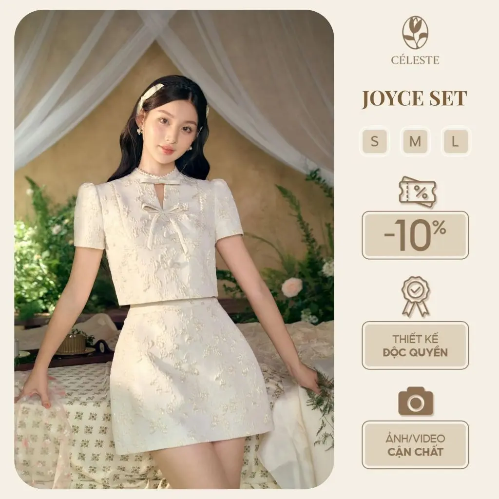 CÉLESTE - Set Váy Gấm Hoạ Tiết Hoa Nổi Cổ Tàu Đính Nơ Joyce Set