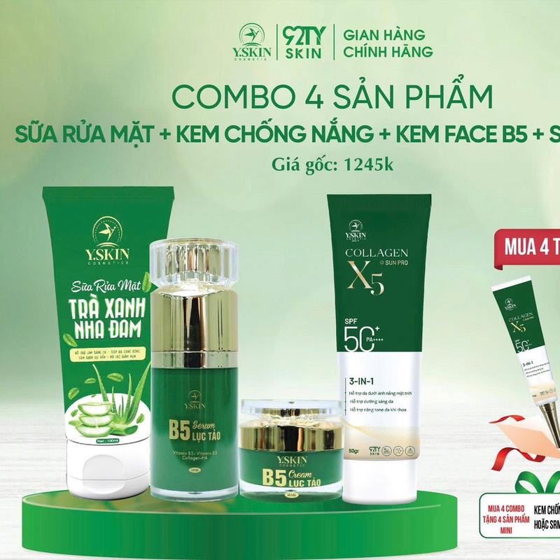 Combo 4 sản phẩm mỹ phẩm Yskin kem chống nắng , kem face b5 lục tảo , seurm b5 lục tảo Skincare ( tặng son maiia , tẩy da chết)