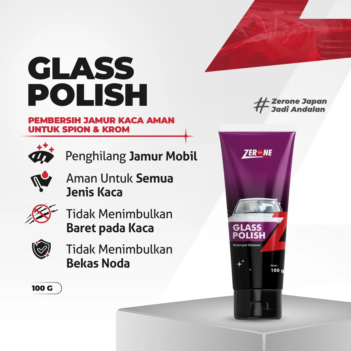 ZERONE Glass Polish 100 Gram - Penghilang Jamur Kaca Mobil Aman Untuk Spion & Krom Car Anti Baret Efek Daun Talas