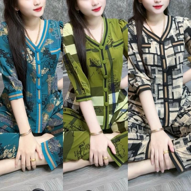 [ QUẦN DÀI ] ĐỒ BỘ THIẾT KẾ NỮ - CỔ Y 3 SỌC - quần dài ống nhỏ vừa , có viền quần và tay áo lụa mango mềm mịn mướt mát