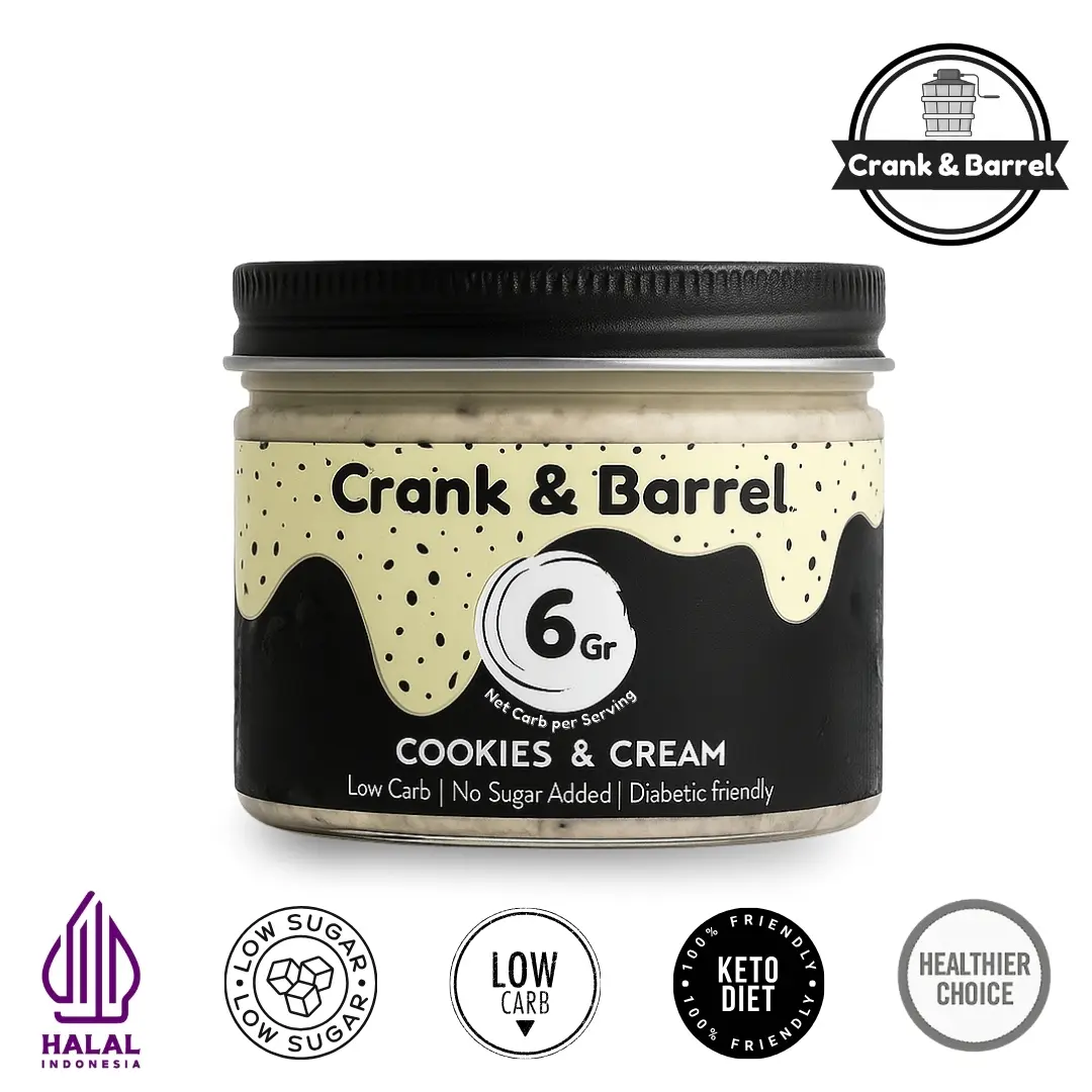 Crank & Barrel Low Carb Cookies & Cream Ice Cream | Es Krim Cookies & Cream Keto | Low Sugar Ice Cream | Es Krim Rendah Gula | Es Krim Sehat Halal Certified