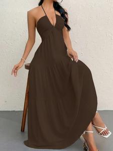 Vestido para mujer de vacaciones en la playa con cuello en V y lazada en la espalda, diseño elegante con nudo mariposa, sin mangas, ideal para fiestas de verano, perfecto para escapadas tropicales