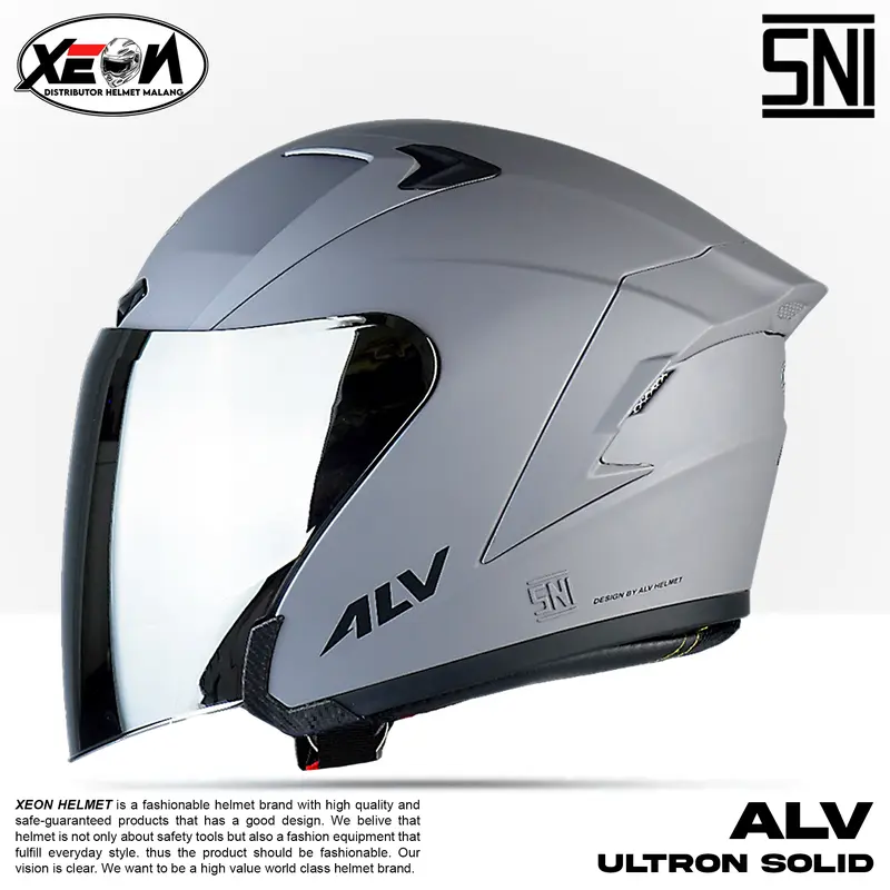 Helm Half Face ALV Ultron Solid Putih dengan Visor Flat Silver/Clear SNI Motorcycle 2