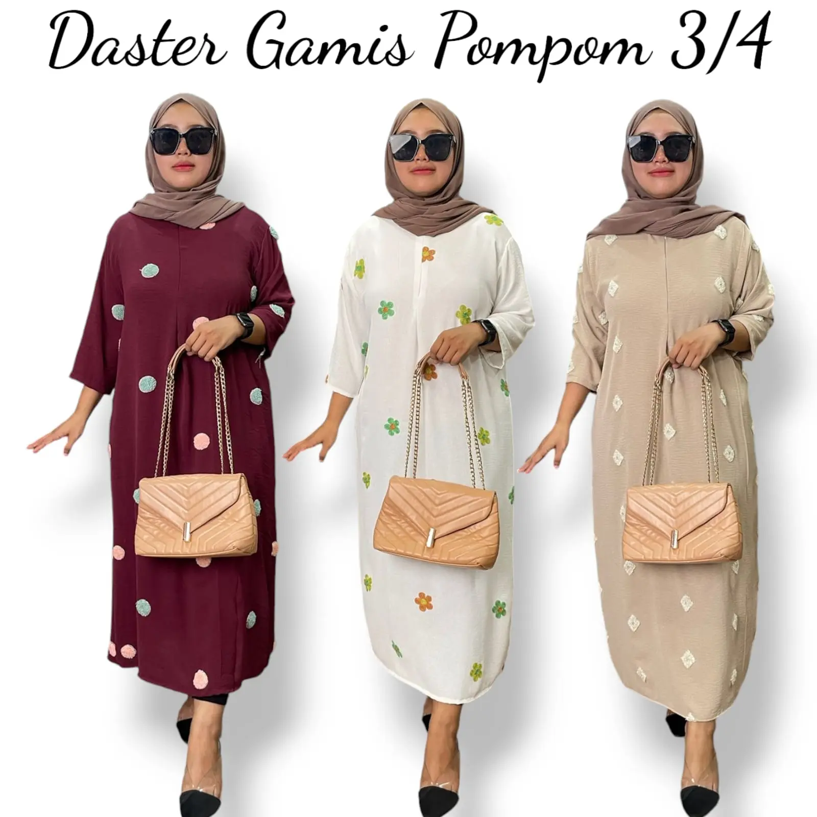 Paket 3Pcs Daster Gamis Kekinian Pompom Premium Lengan 3/4