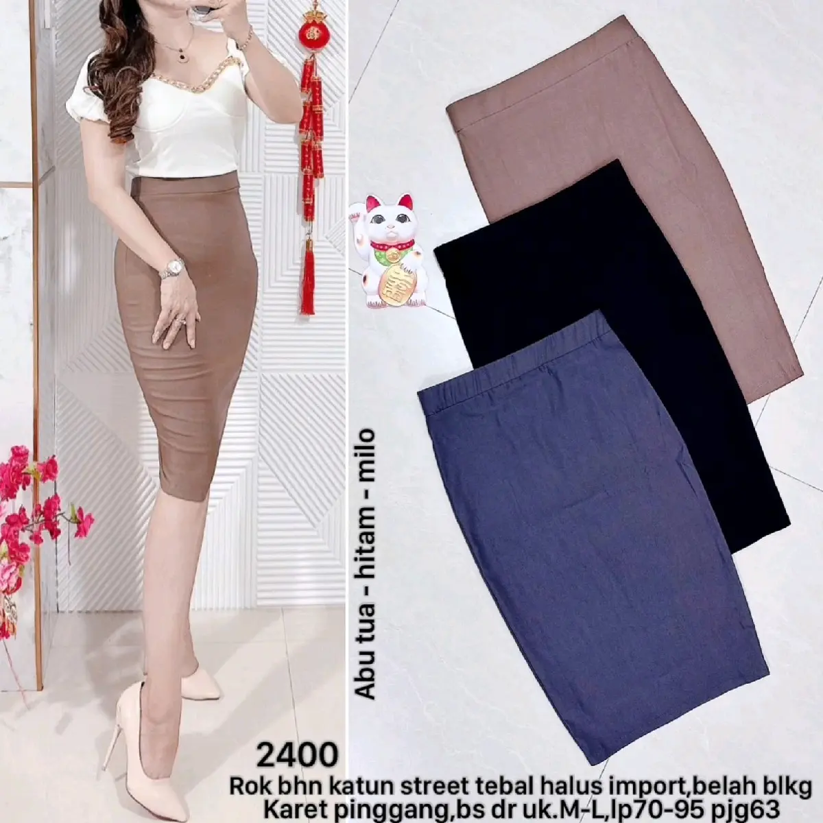 2399 & 2400 - Rok bhn Katun street tebal halus Import, belah belakang, karet pinggang Wanita Kerja