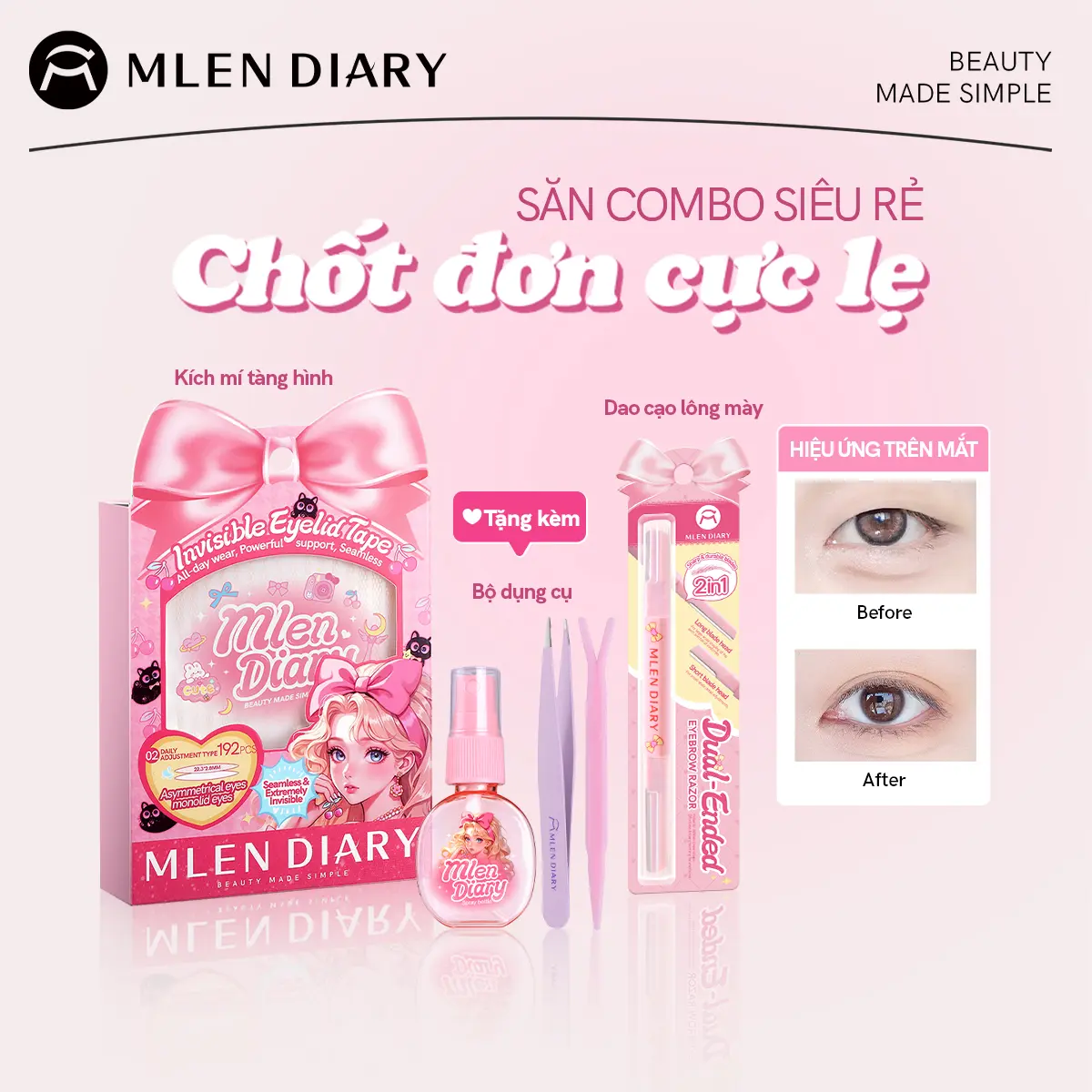Mlen Diary - Combo Chăm Sóc Mắt Và Chân Mày Trong 1 Set, Nâng Mí Tự Nhiên Chỉ Trong 1 Bước