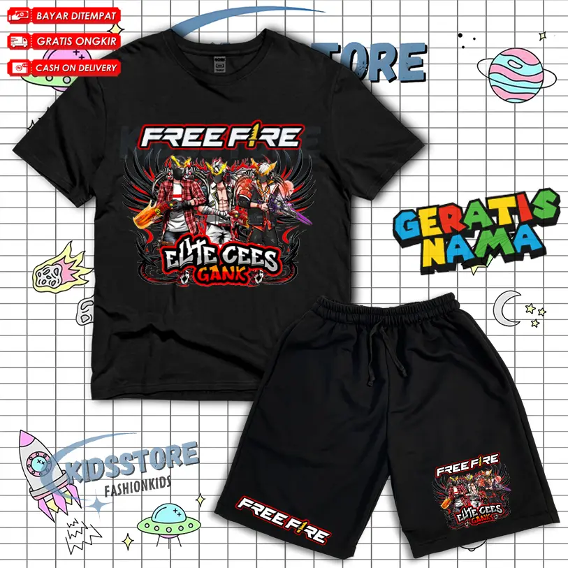 (BISA COD) Setelan Anak Kaos Celana Pendek Anak FF ELITE CEES GANK ANTI KROCO SG 2JT Free Nama / Set Kaos Celana Boardshort Anak FF ELITE CEES GANK Fashion Anak