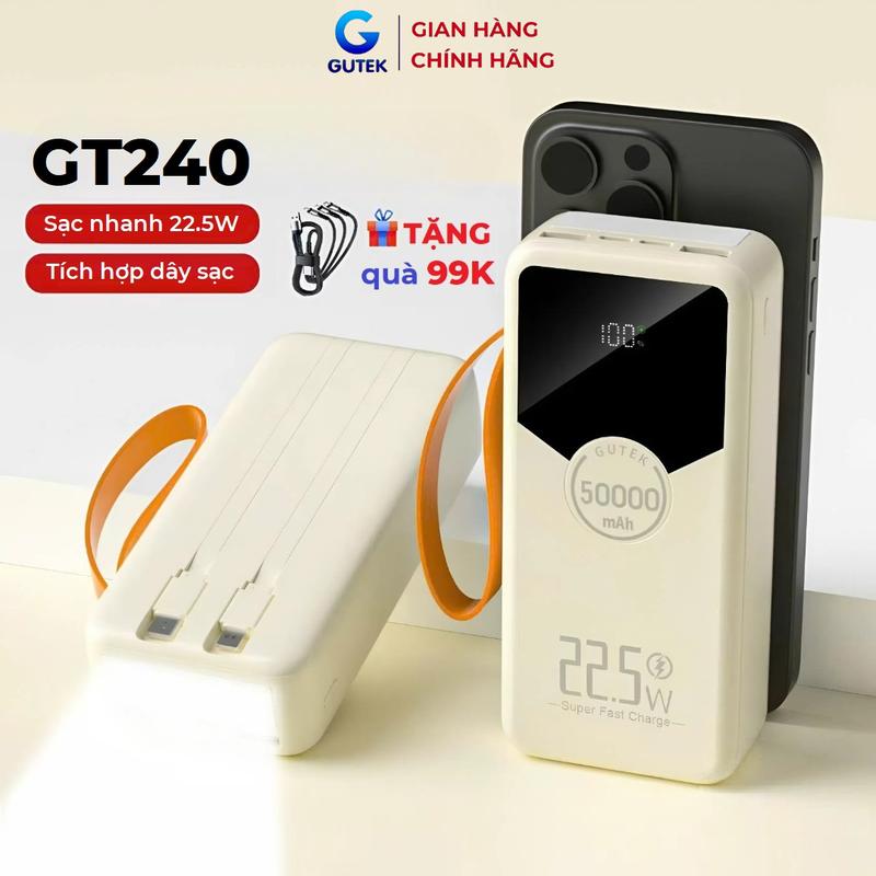 Tặng sạc 3 đầu Pin Sạc dự phòng 50000mAh sạc nhanh 22,5W có dây cắm nhiều điện thoại - Gutek GT240