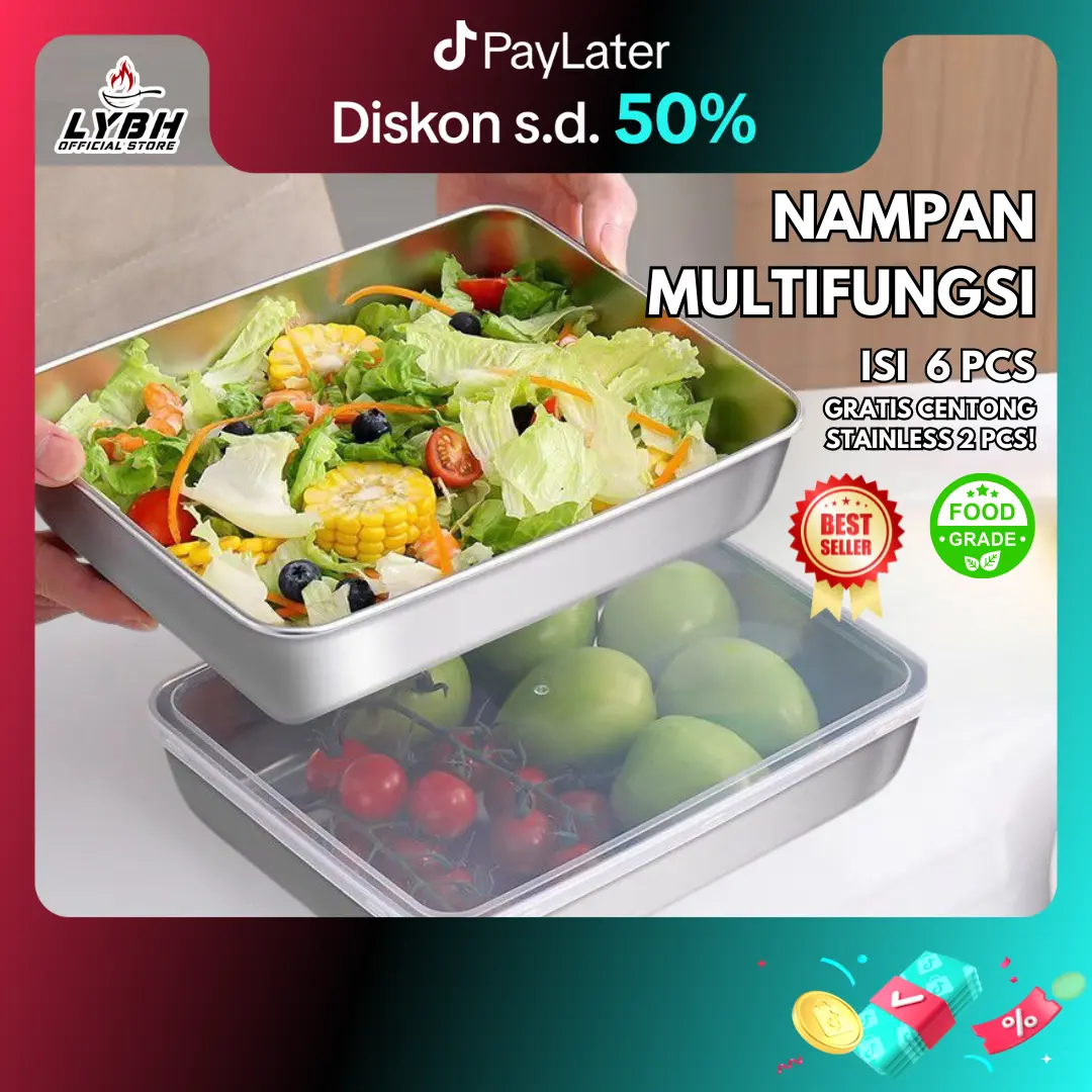 “COD”【nampan sus】6pcs Food boxKotak buah baja tahan karat kotak wadah makanan rak cocok untuk oven/wadah kotak makanan sayur dengan penutup/piring persegi tebal nampan piring dingin handuk piring kukus kotak serbaguna/nampan sus/Stainless/Kitchenware/live