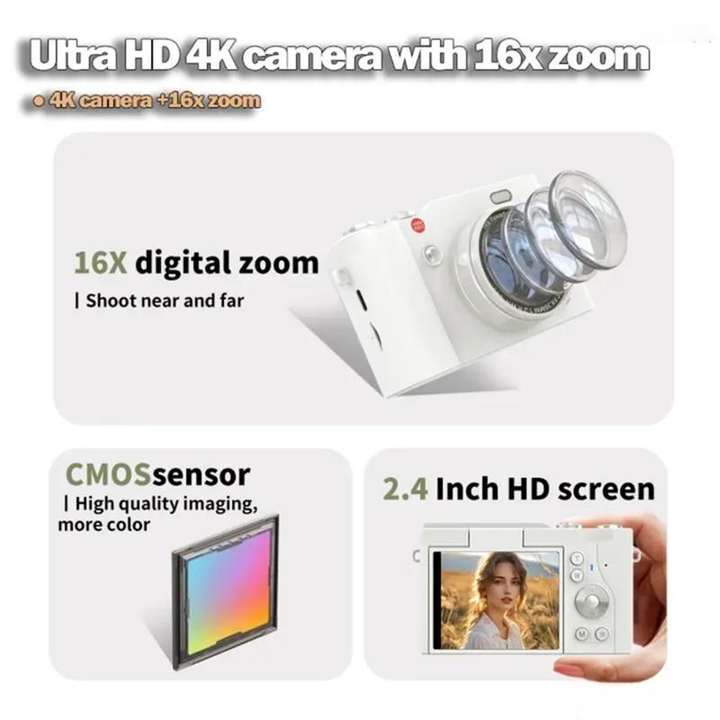 【Kado Hari Raya Kekinian】4K Digital Kamera Gaya Retro 68MP Portable CCD Retro Kamera Digital Vintage 2.4 inch 8X Zoom Compact Small Camera 180 Flip Screen Video Camcorder for Teens Adult Beginner【Gift stickers】Hadiah Lebaran Layar Foto V380 Smart
