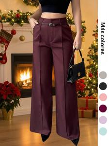 Pantalones de pierna ancha y cintura alta para mujer, ropa casual cómoda para otoño e invierno, diseño de doble cinturón, perfectos para todas las estaciones