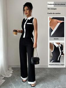 Conjunto de cuello de camisa sin mangas para mujer, pantalones de pierna ancha, tela tejida elegante, grosor moderado, para todas las estaciones, estilo ajustado