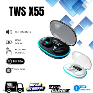 X55 TWS Bluetooth Wireless Earphone Bass Kencang Kualitas Jernih Auto Pairing Touch Control Ringan Ergonomis untuk Olahraga Belajar dan Santai