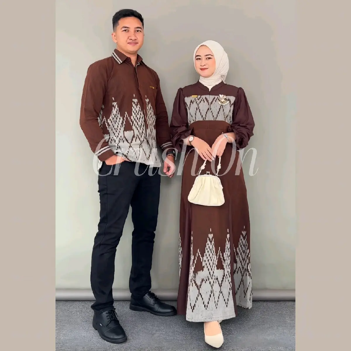 Baju Couple Gamis Tenun Troso, Dress Tenun Kondangan Pesta Formal Kombinasi, Baju Kekinian Pasangan Lebaran Kemeja Tenun B63