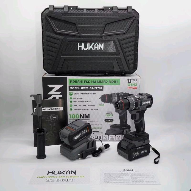   Chính hãng  Máy khoan pin Hukan Z1700 lực siết 100Nm 3 chức năng có anti-kichback và tạo xung rút lõi đầu kẹp 13mm 