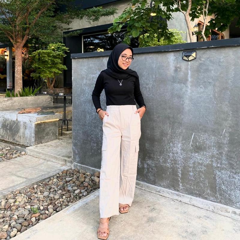 Zena Celana Kulot Cargo Wanita Highwaist Premium Berkancing Rasleting Bahan Twill Combad Premium Kekinian Korean Style pants unsex hitam【cargo】 celanakulot 4