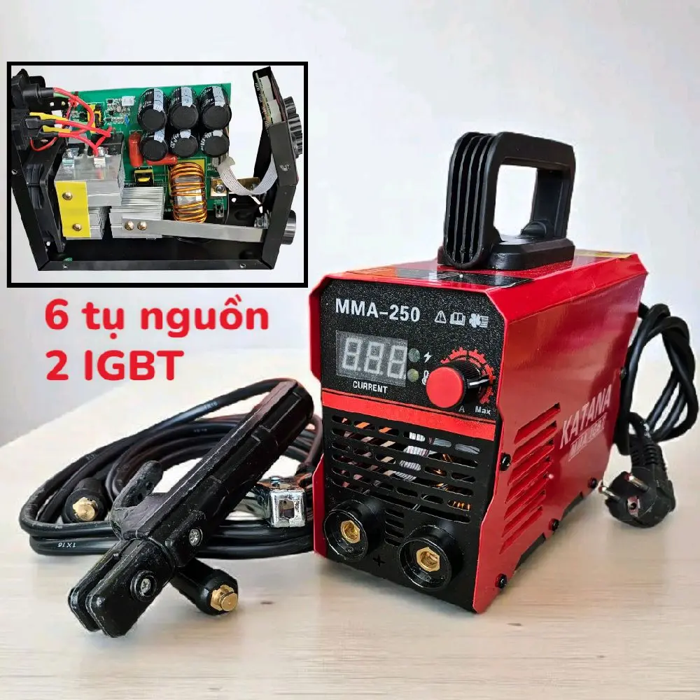 Máy hàn điện tử KATANA 250 , 6 tụ + 2 IGBT , dây hàn 3M , 6 tụ nguồn , 2 IGBT , chuyên kéo 1.6-2.5mm , hỗ trợ hàn được 10 que 3.2mm , bảo hành 12 tháng