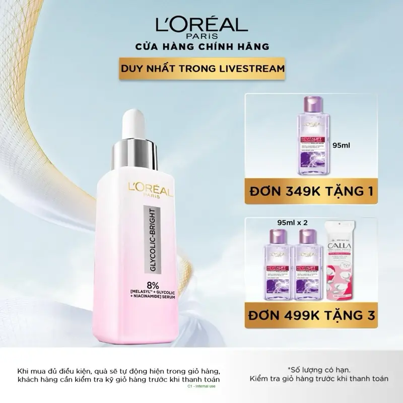 [CHÚC MỪNG NGÀY CỦA MẸ]  SERUM DƯỠNG SÁNG, MỜ THÂM MỤN & NÁM L’OREAL PARIS GLYCOLIC BRIGHT 8% [MELASYL+GLYCOLIC+NIACINAMIDE] 30ML Làm Đẹp Da Dưỡng Ẩm Da