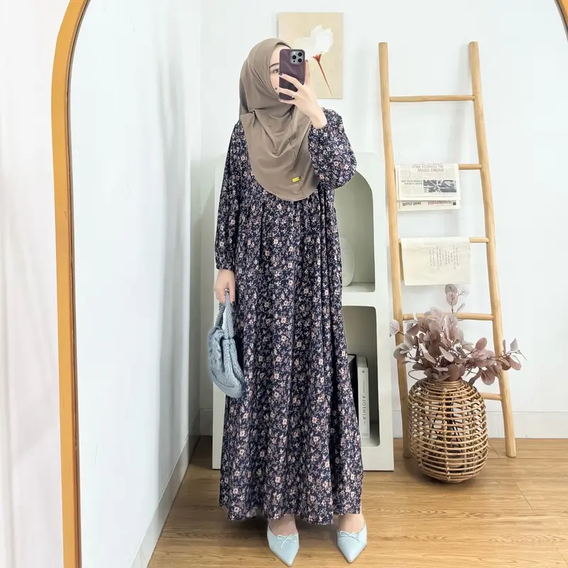 Arsy Midi Dress Set Hijab Gamis Lebaran Rayon Motif 1