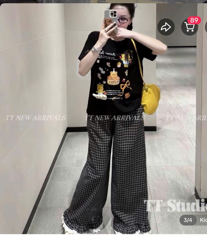 Đồ Nữ BigSize, Set Quần Áo Nữ In Gấu BUTTER BEAR Mix Quần Suông CARO Phối Chân Bèo Ren Siêu Xinh [Form 45 - 85Kg]